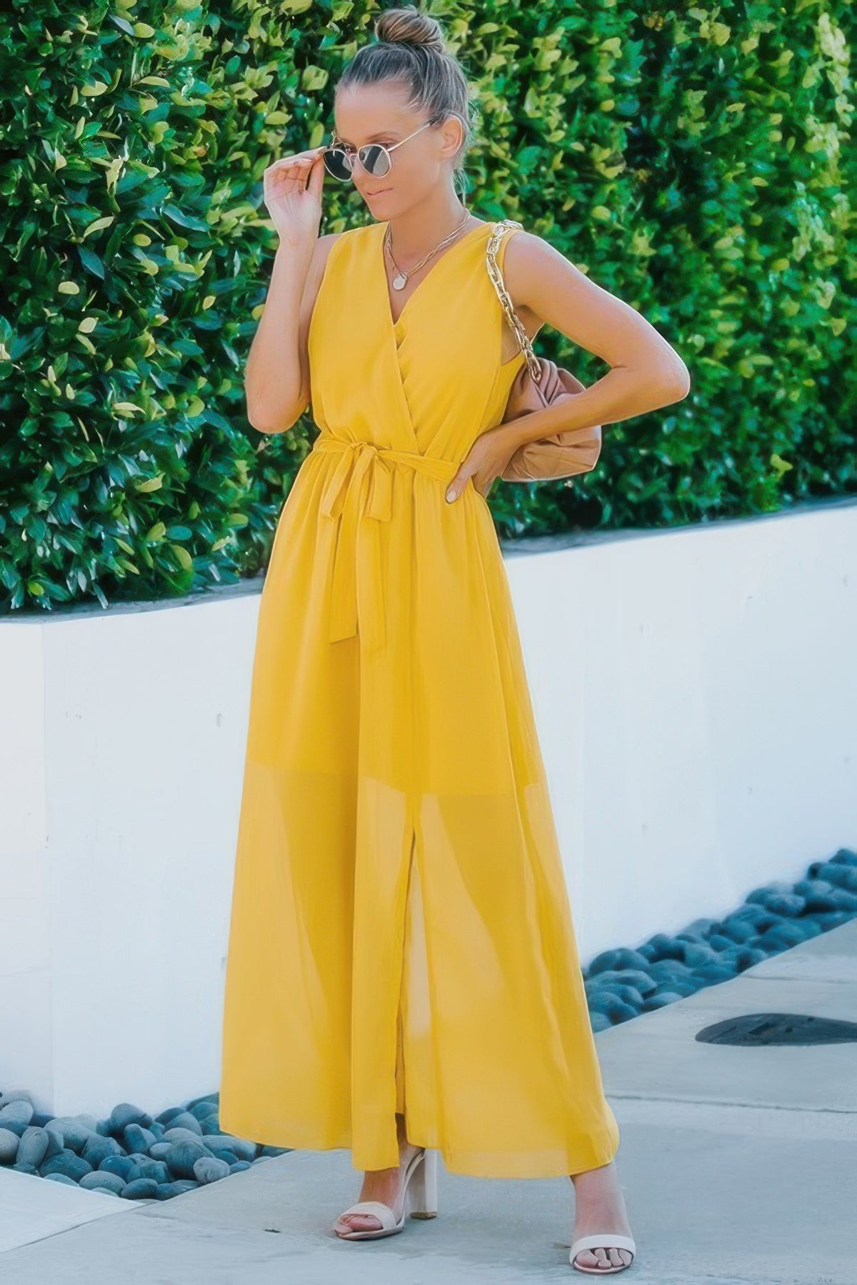 Elegant Cross V-Neck Sleeveless Waist Tie Split Gown