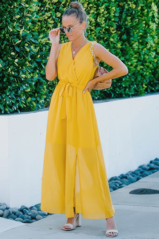 Elegant Cross V-Neck Sleeveless Waist Tie Split Gown