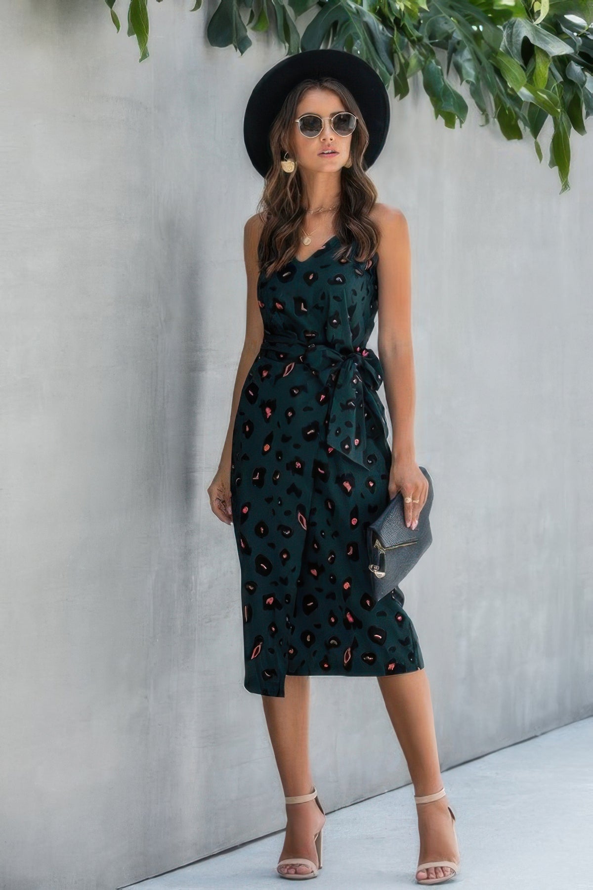 Belted Cami Dress with Split Thigh and Print