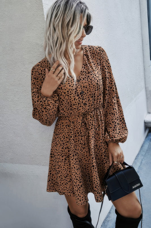 Leopard Patterned Belted Dress with Ruffle Hem Tie