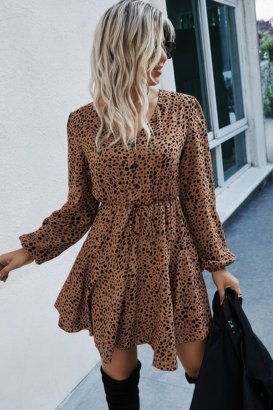 Leopard Patterned Belted Dress with Ruffle Hem Tie