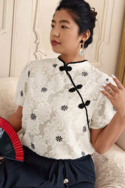 Elegant Black Lace Trim Chiffon Blouse with Loose Fit