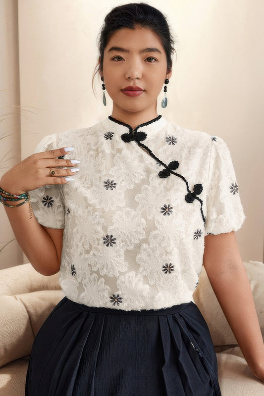 Elegant Black Lace Trim Chiffon Blouse with Loose Fit