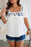 Plus Square Neck Floral Patterned Pleated Puff Top
