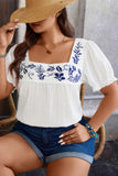 Plus Square Neck Floral Patterned Pleated Puff Top
