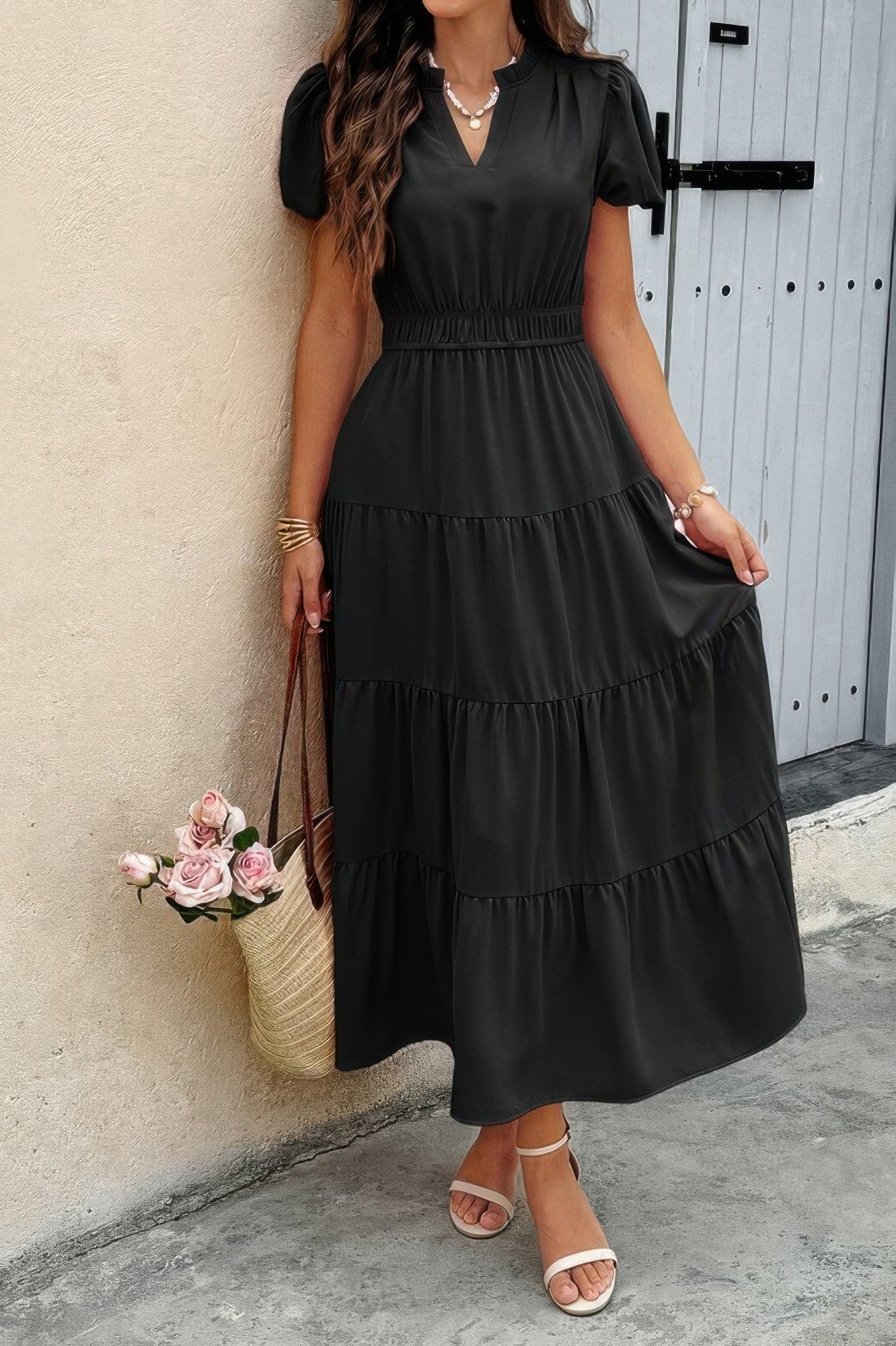 Chic V-Neck Color Block Stretch Waist Dress