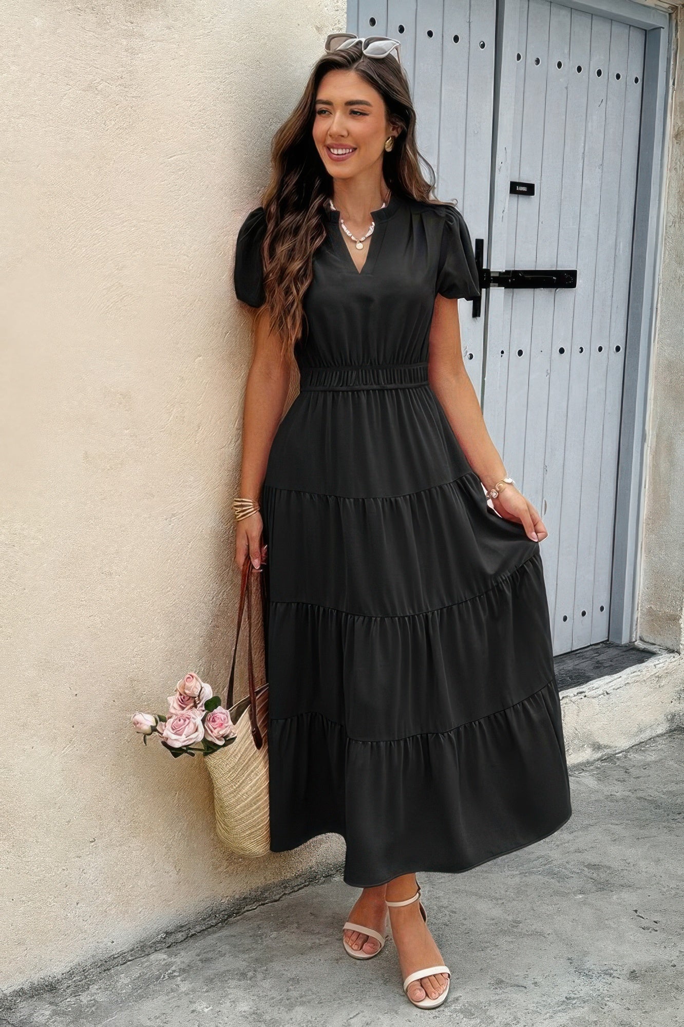Chic V-Neck Color Block Stretch Waist Dress