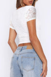 Solid Color Block V Neck Lace Trim Fit Shirt