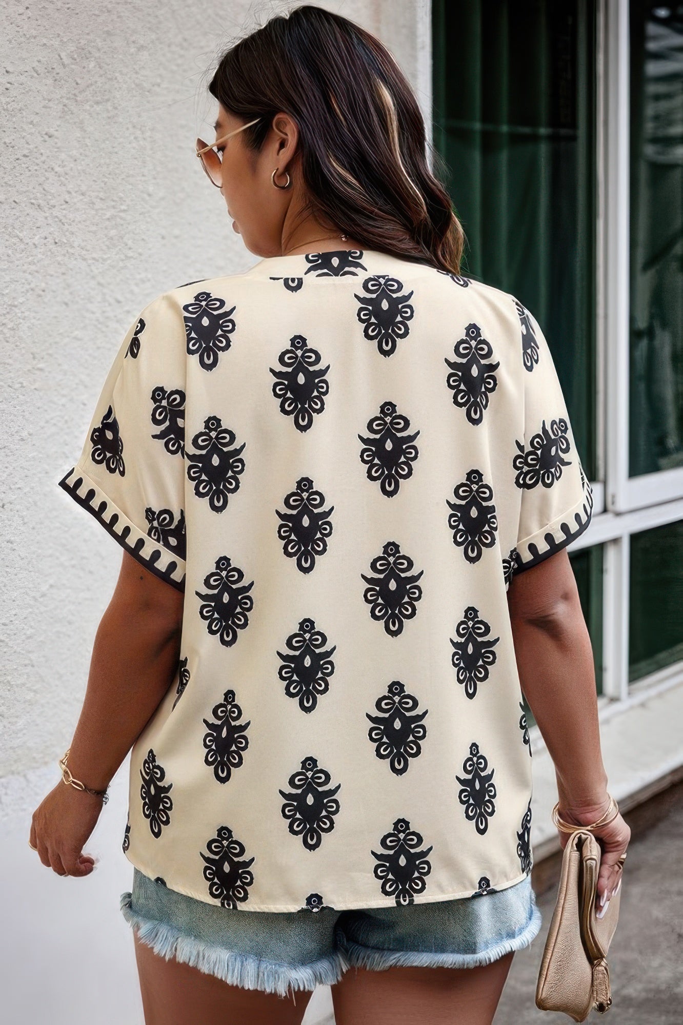 Plus Size Short Sleeve V Neck Printed Blouse