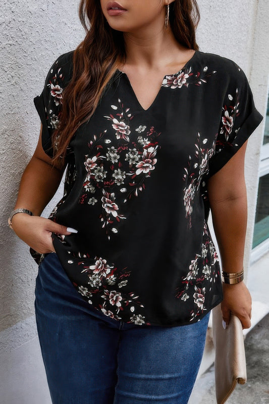 Elegant Plus Size V Neck Floral Blouse