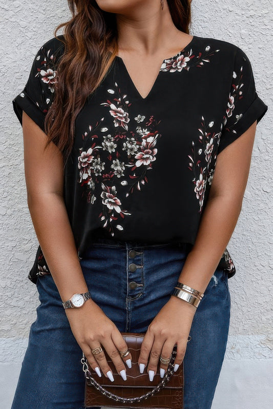 Elegant Plus Size V Neck Floral Blouse