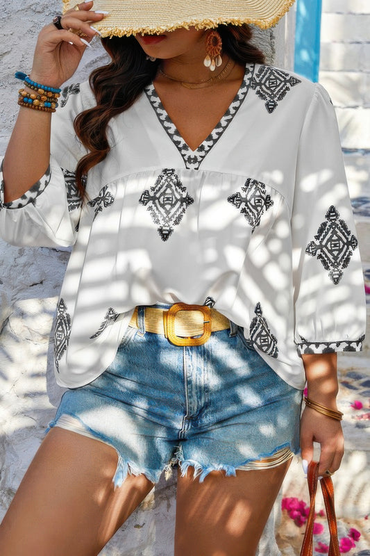 Chic Plus V Neck Geometric Embroidered Peplum Blouse