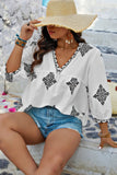 Chic Plus V Neck Geometric Embroidered Peplum Blouse