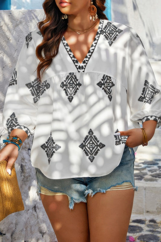 Chic Plus V Neck Geometric Embroidered Peplum Blouse