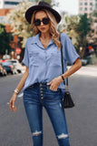 V Neck Button Down Roll Up Sleeve Loose Pocket Blouse