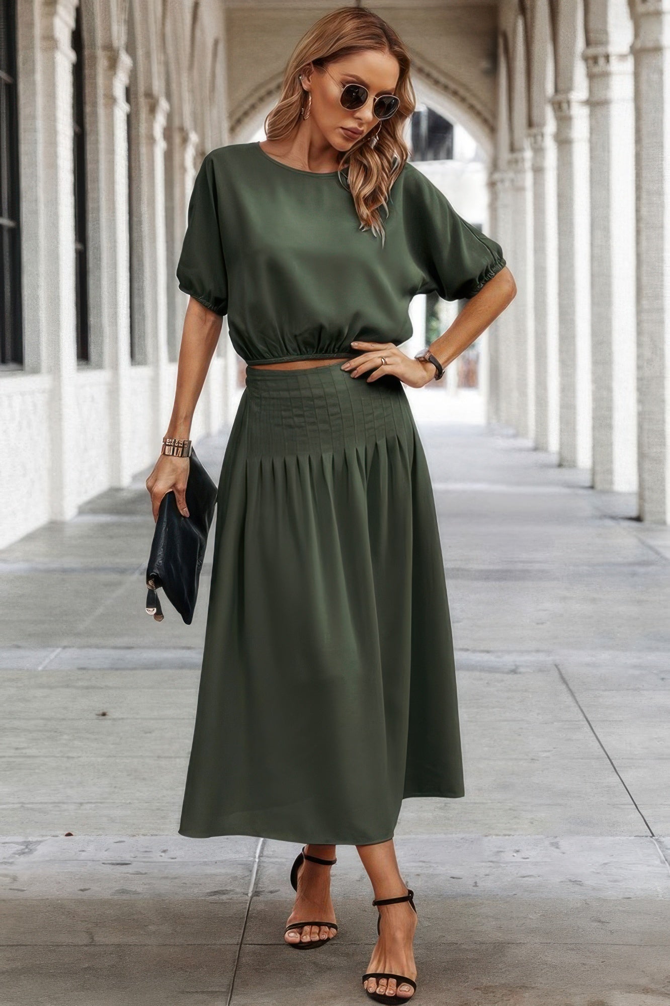 Two Pieces Solid Color Loose Puff Sleeve Pleated Shirt