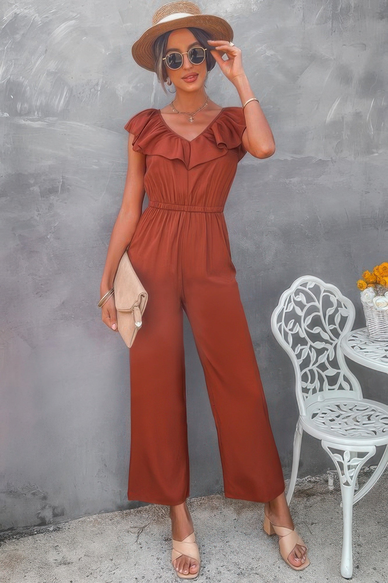 Chic Ruffle Edge V-Neckline Jumpsuit