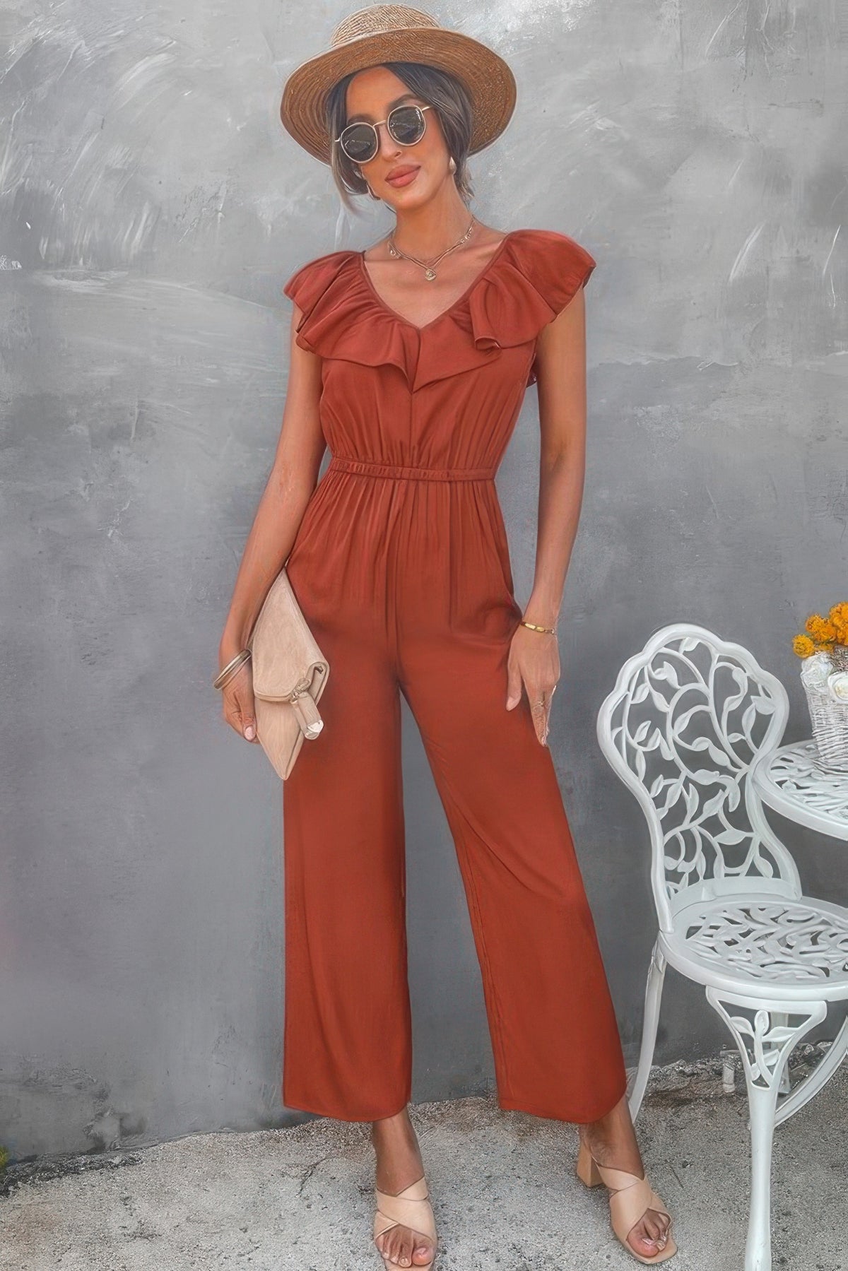 Chic Ruffle Edge V-Neckline Jumpsuit