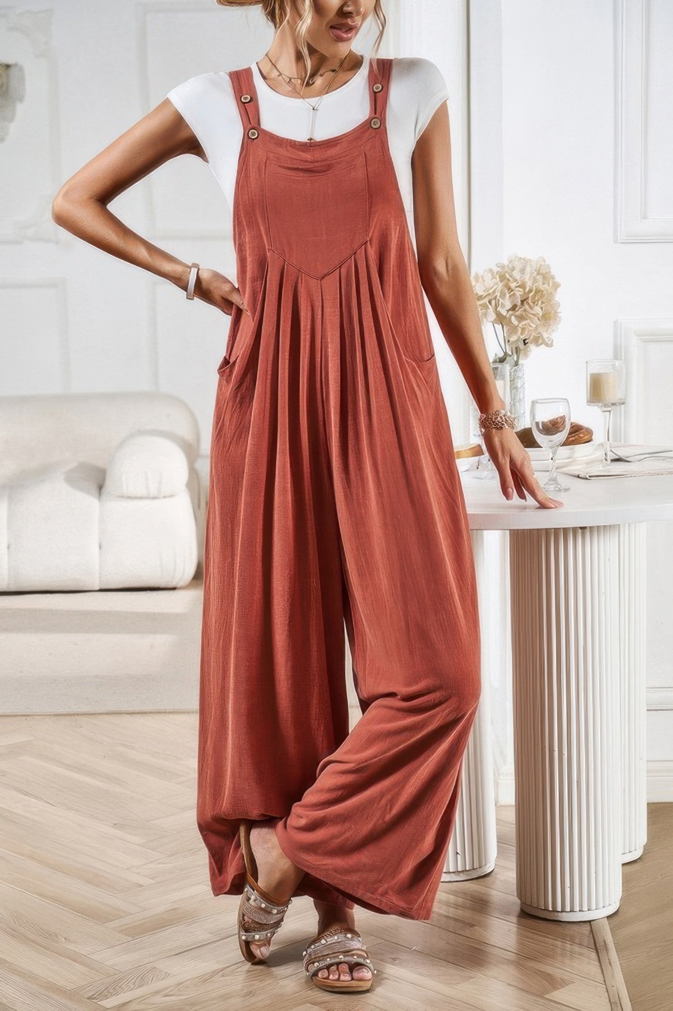 Button Embellished Wide-Leg Pocketed Jumpsuit