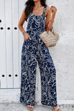 Geo Patterned Sleeveless Smocked Jumpsuit with Pockets