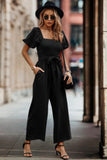 Chic Square Neck Puff Sleeve Belted Jumpsuit