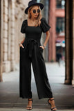 Chic Square Neck Puff Sleeve Belted Jumpsuit
