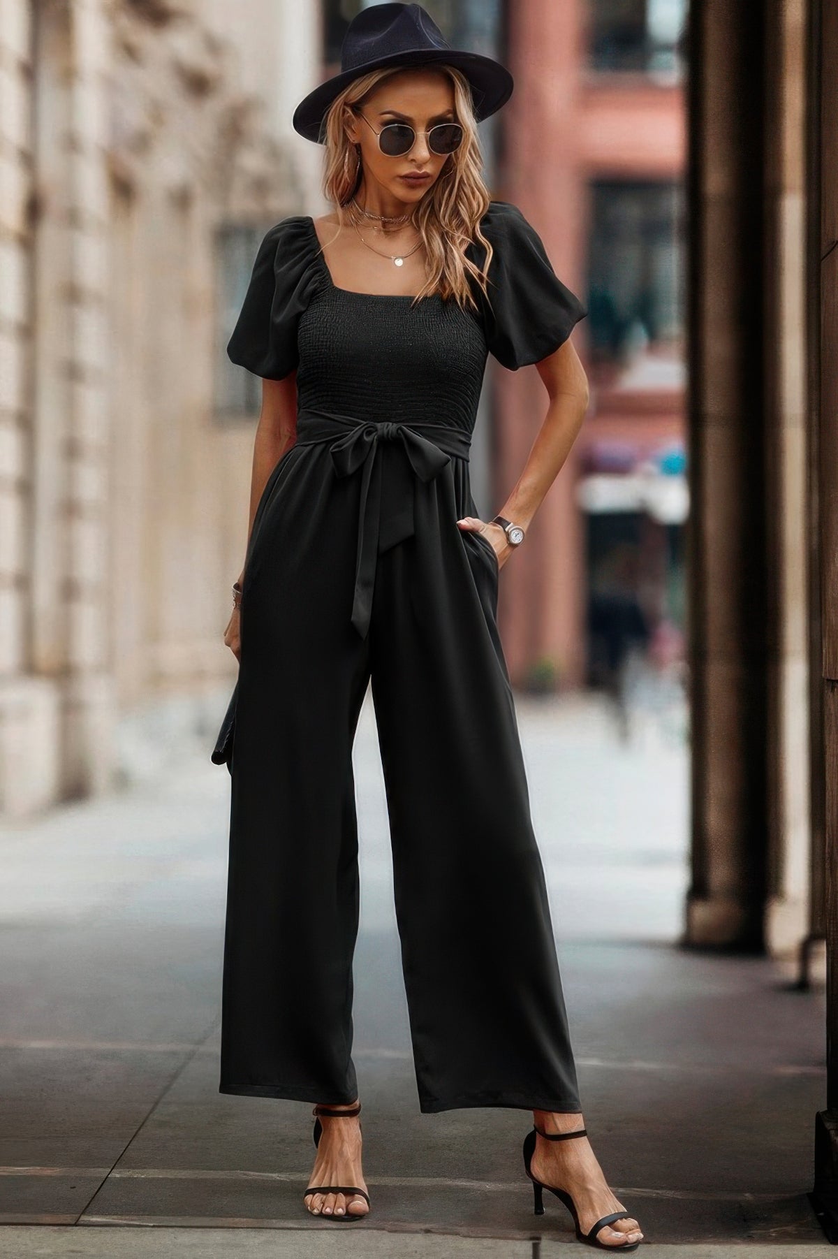 Chic Square Neck Puff Sleeve Belted Jumpsuit