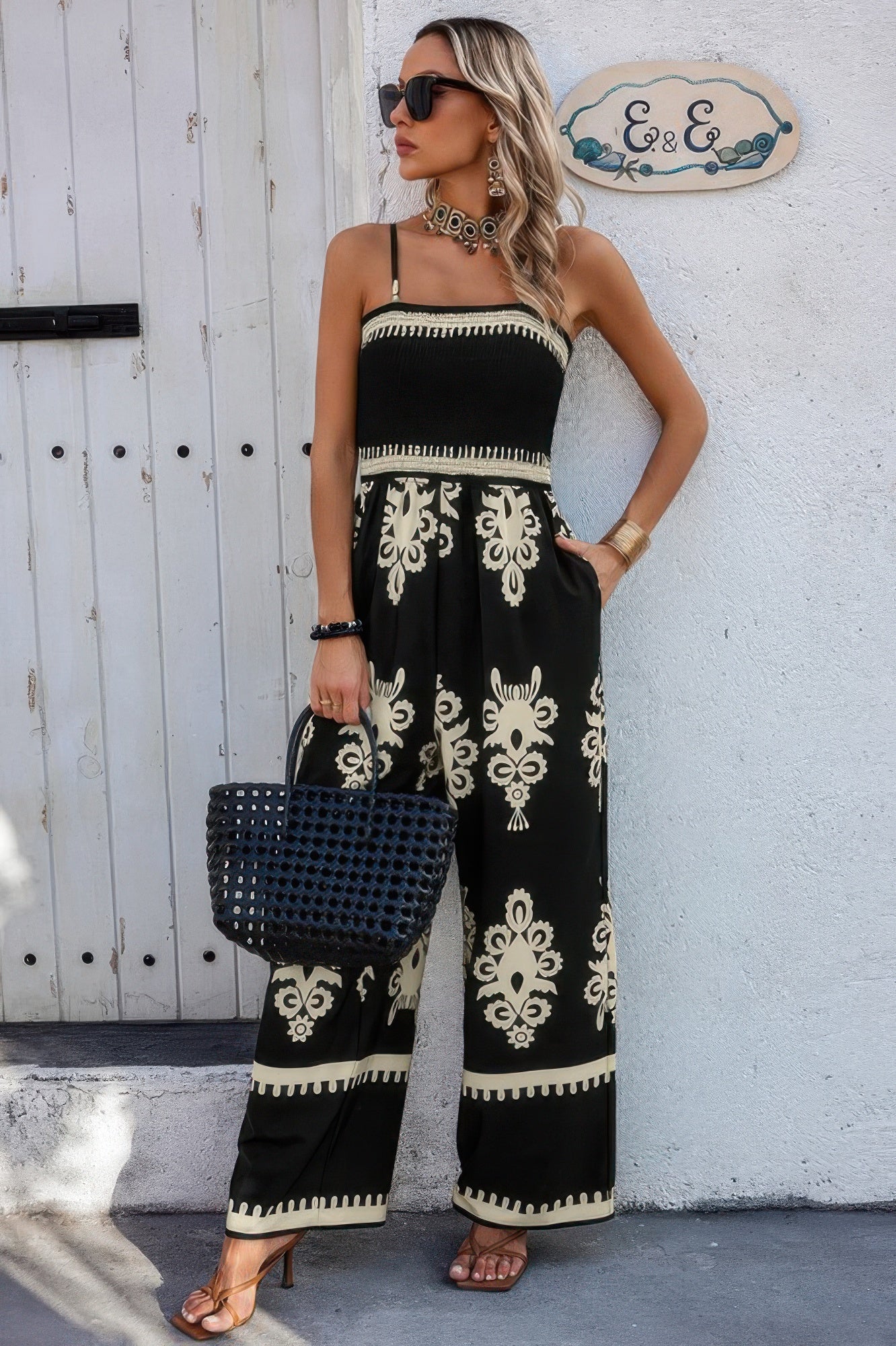 Geo Pattern Off Shoulder High Waist Chic Jumpsuit