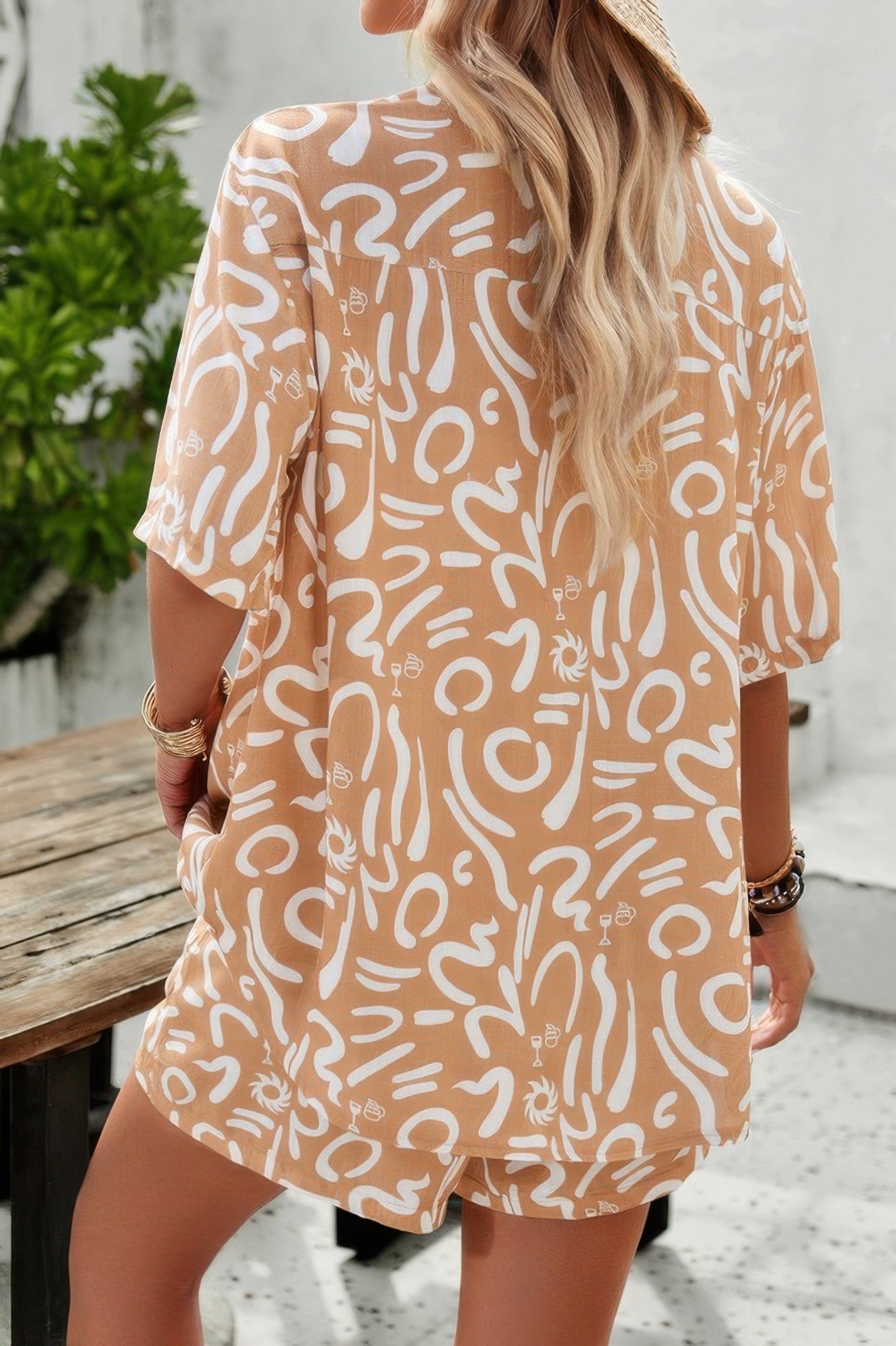 Chic Print Viscose Shorts Button Ensemble