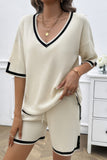 Viscose Relaxed Deep V-Neck Knit Drawstring Ensemble