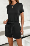 Chic Round Neck Romper with Drawstring Pockets