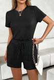 Chic Round Neck Romper with Drawstring Pockets
