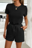 Chic Round Neck Romper with Drawstring Pockets