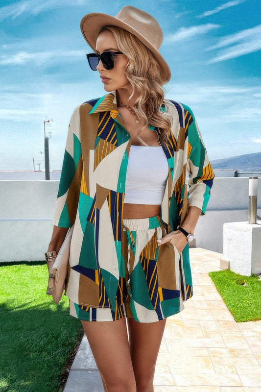 Chic Graphic Pocketed Blouse and Shorts Ensemble