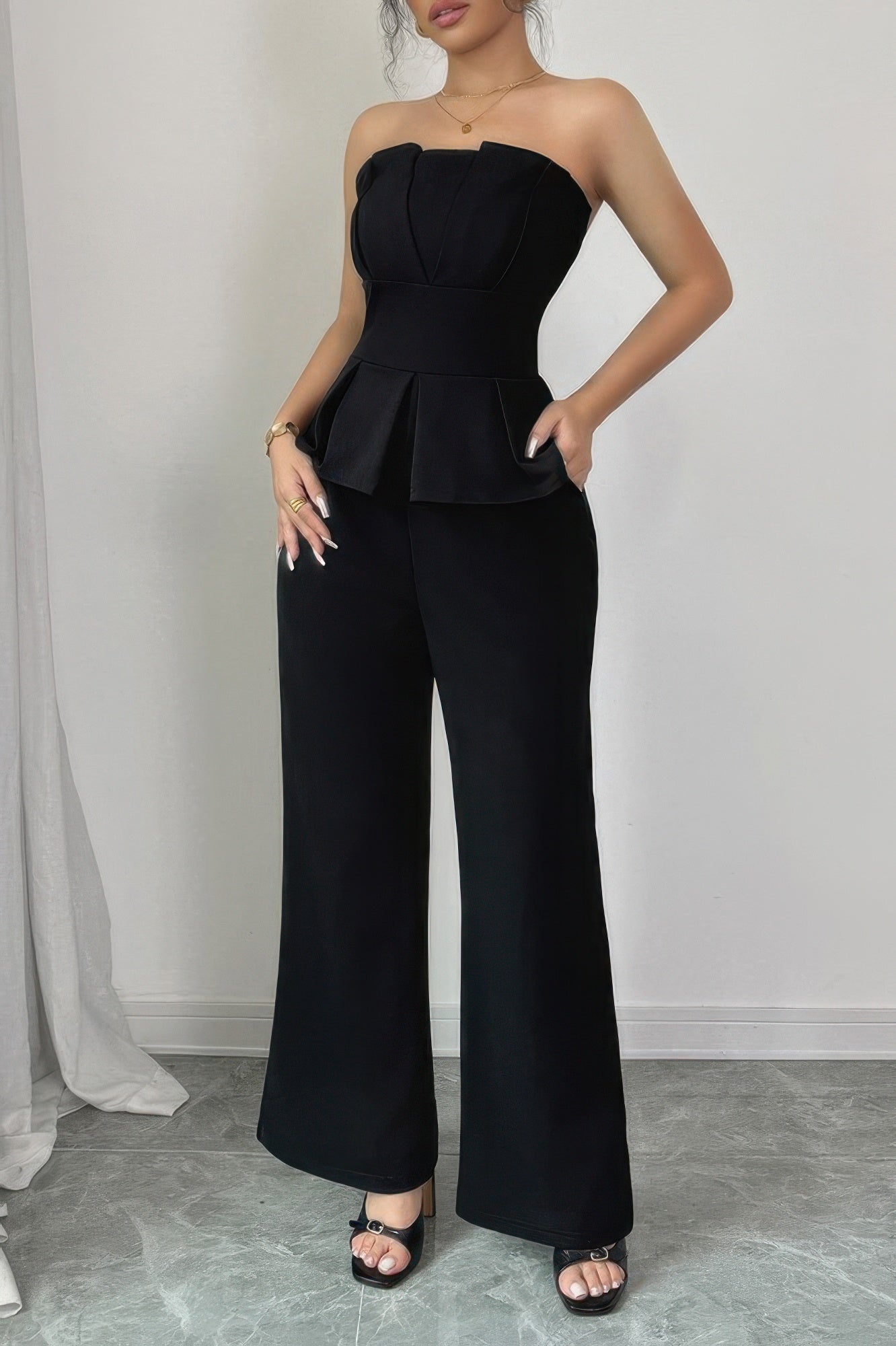 Off Shoulder Hidden Zipper Pleated Comfort Jumpsuit