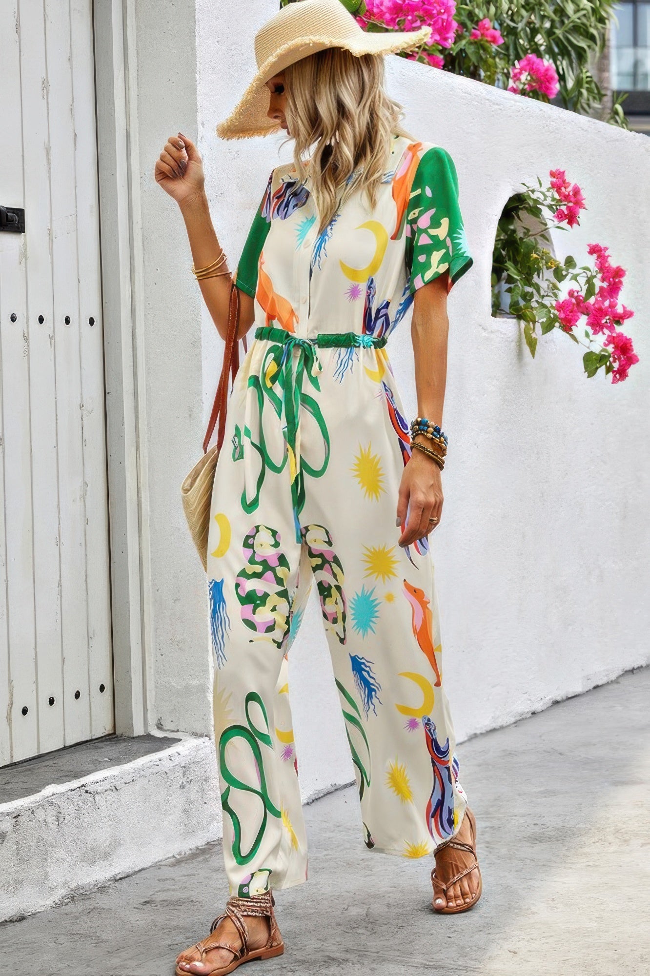 Versatile Print Button-Up Belted Jumpsuit