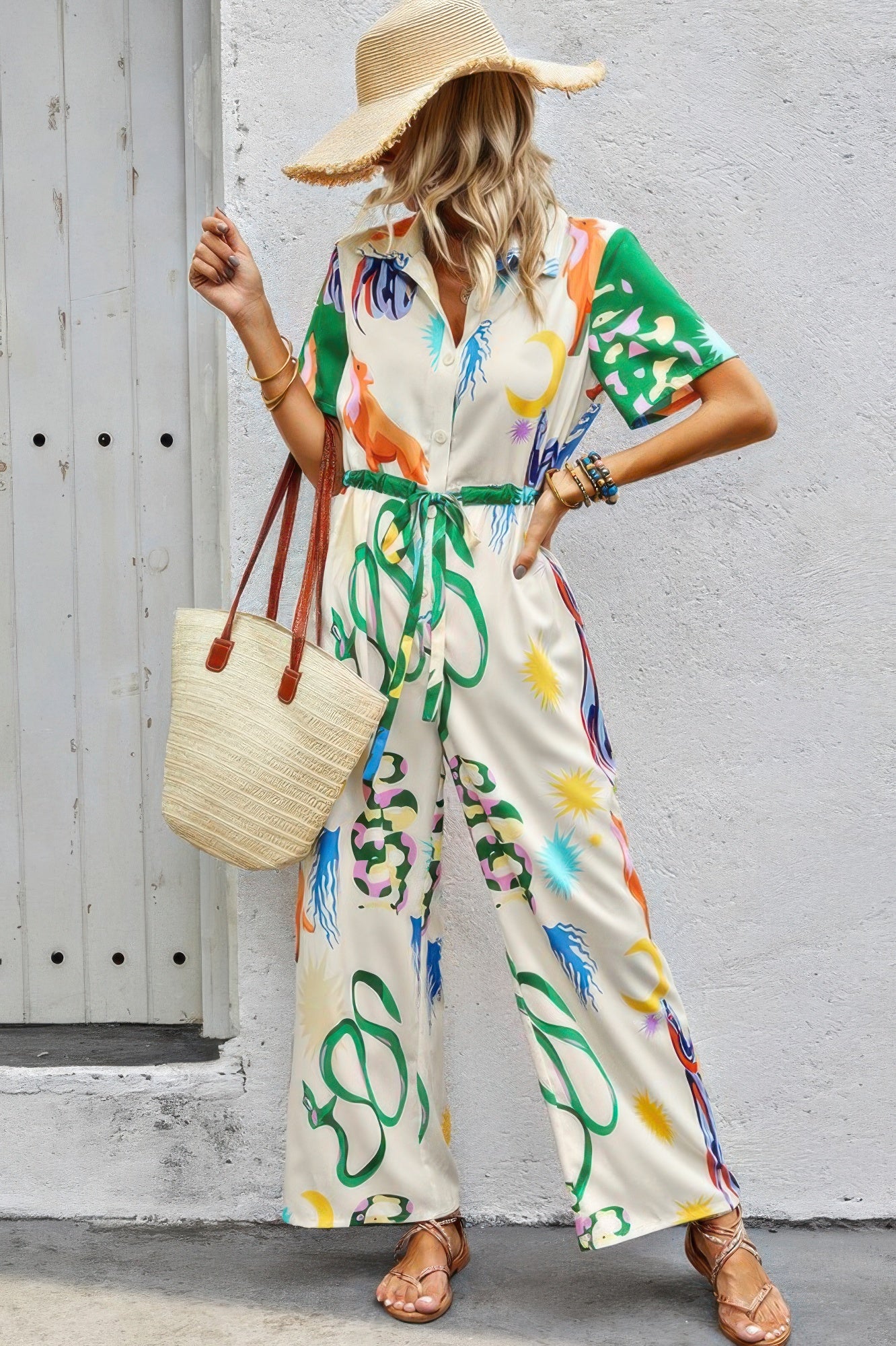 Versatile Print Button-Up Belted Jumpsuit