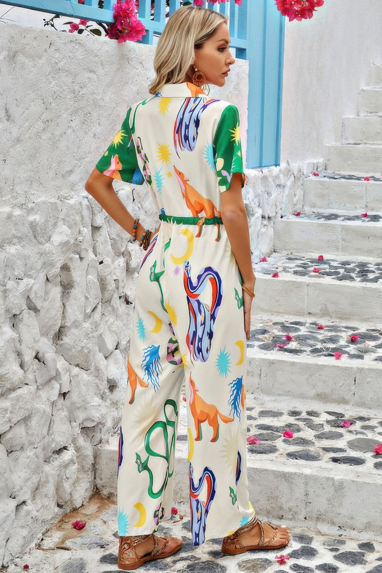 Versatile Print Button-Up Belted Jumpsuit