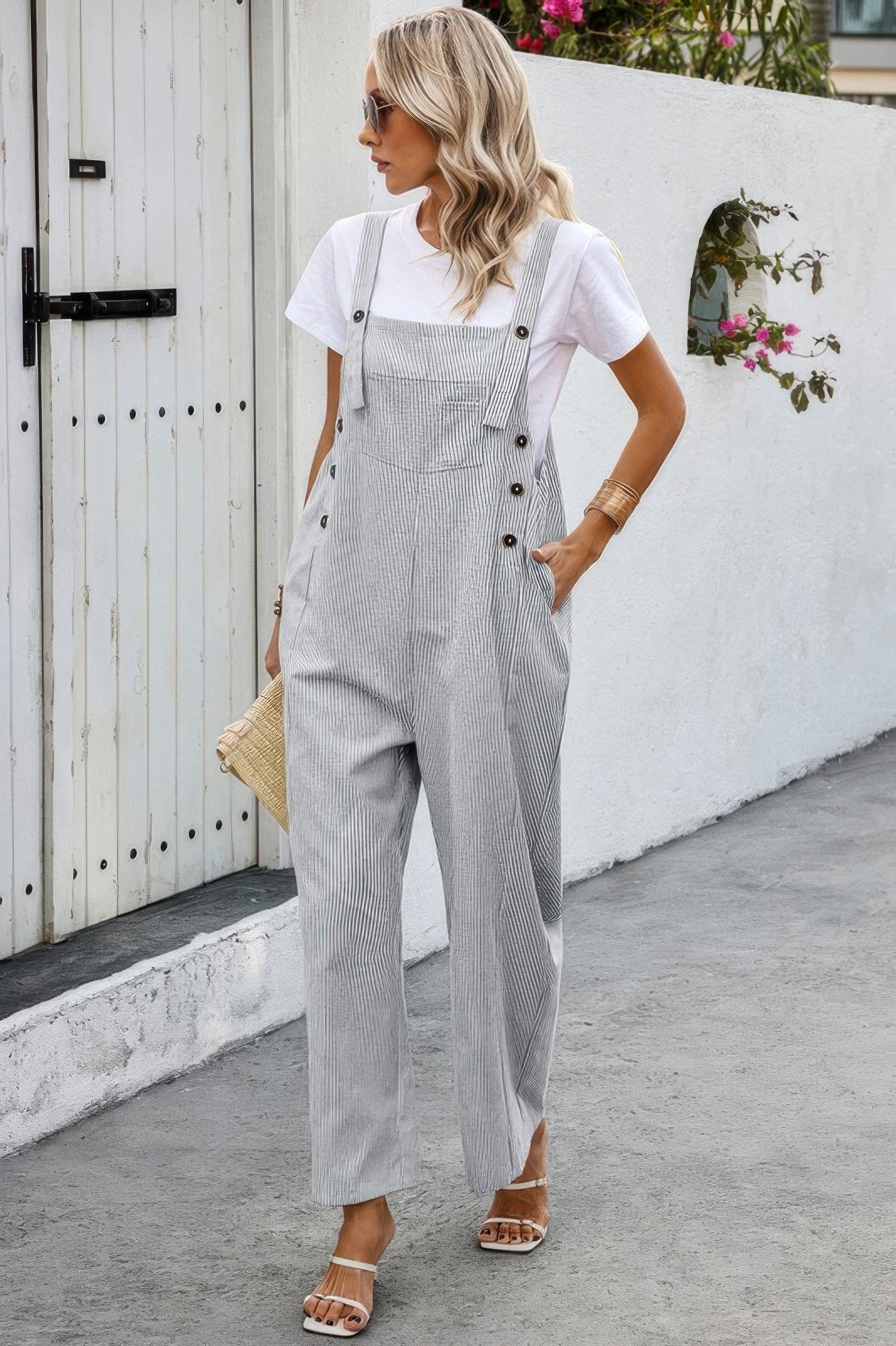 Chic Square Neck Button Accent Pocket Jumpsuit