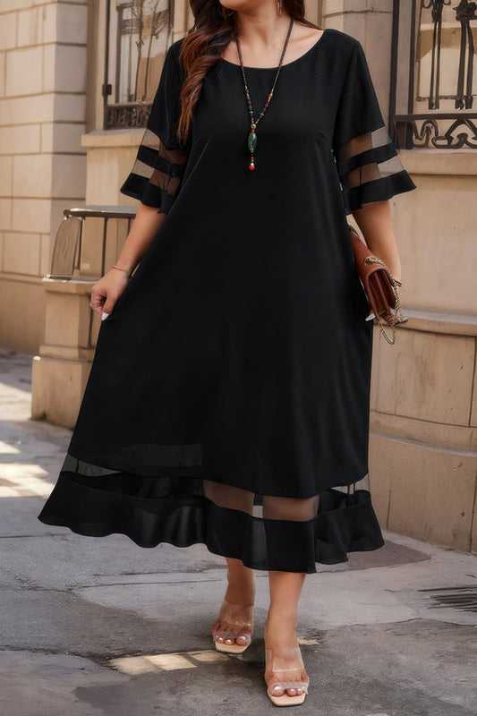 Curvy Mesh-Accent Round Neck Maxi Dress