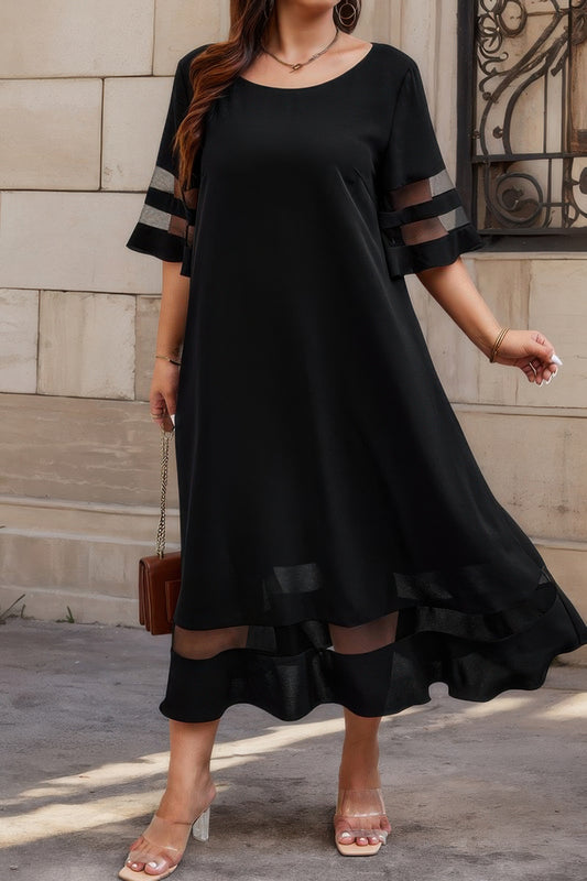 Curvy Mesh-Accent Round Neck Maxi Dress