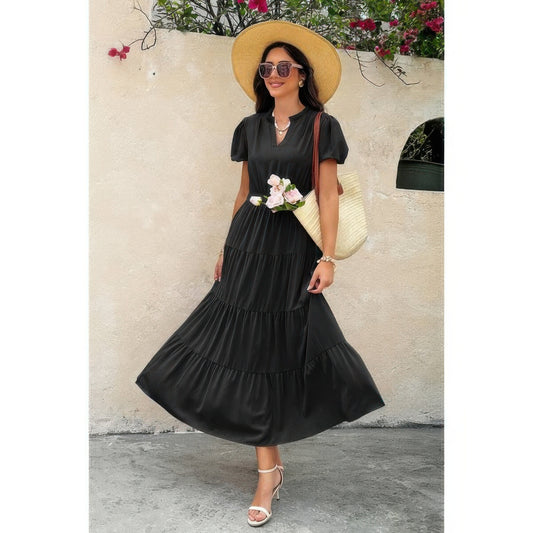 Chic Elastic Waist Color Block V-Neck Dress