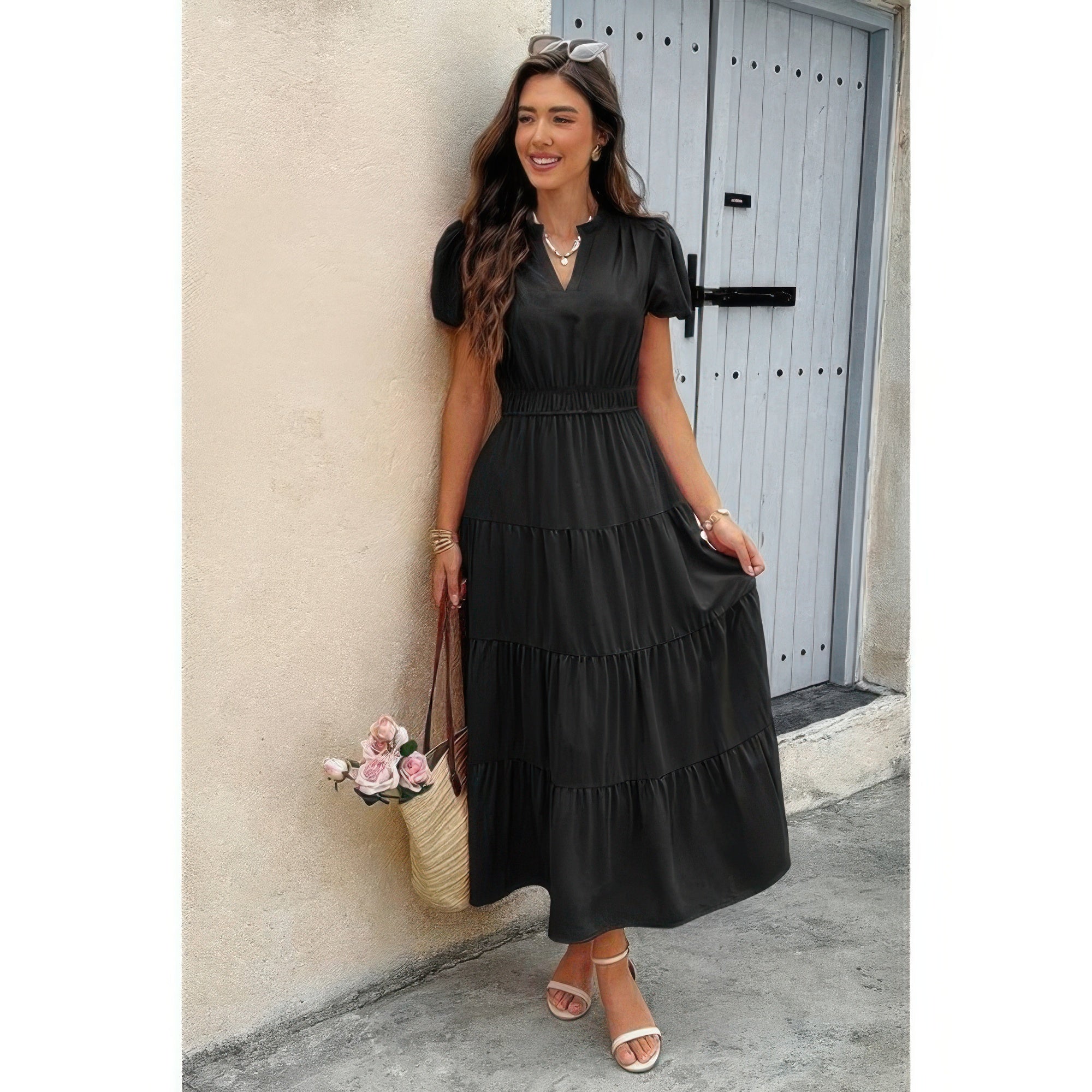 Chic Elastic Waist Color Block V-Neck Dress