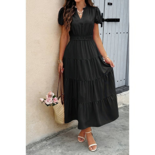 Chic Elastic Waist Color Block V-Neck Dress