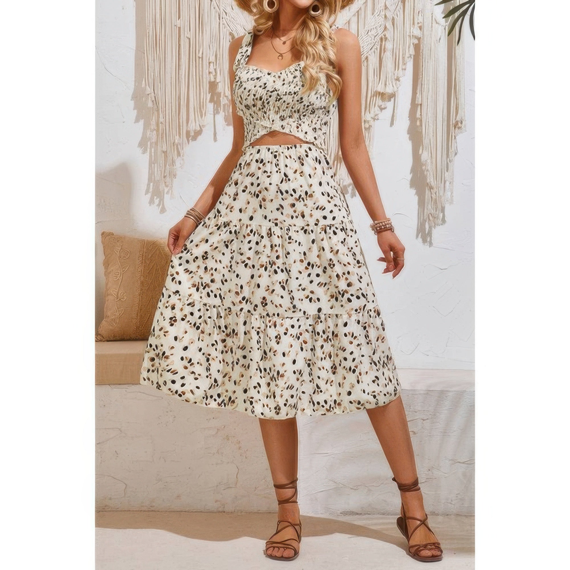 Chic Leopard Square Neck Elastic Waist Dress