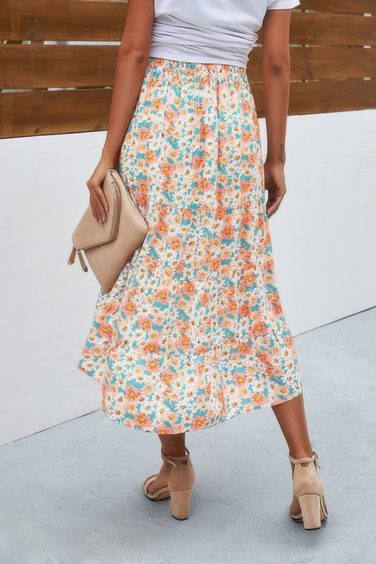 Chic Floral Print A-Line High Waist Long Skirt