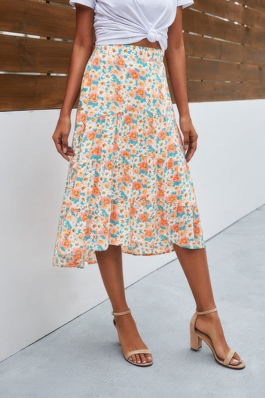 Chic Floral Print A-Line High Waist Long Skirt