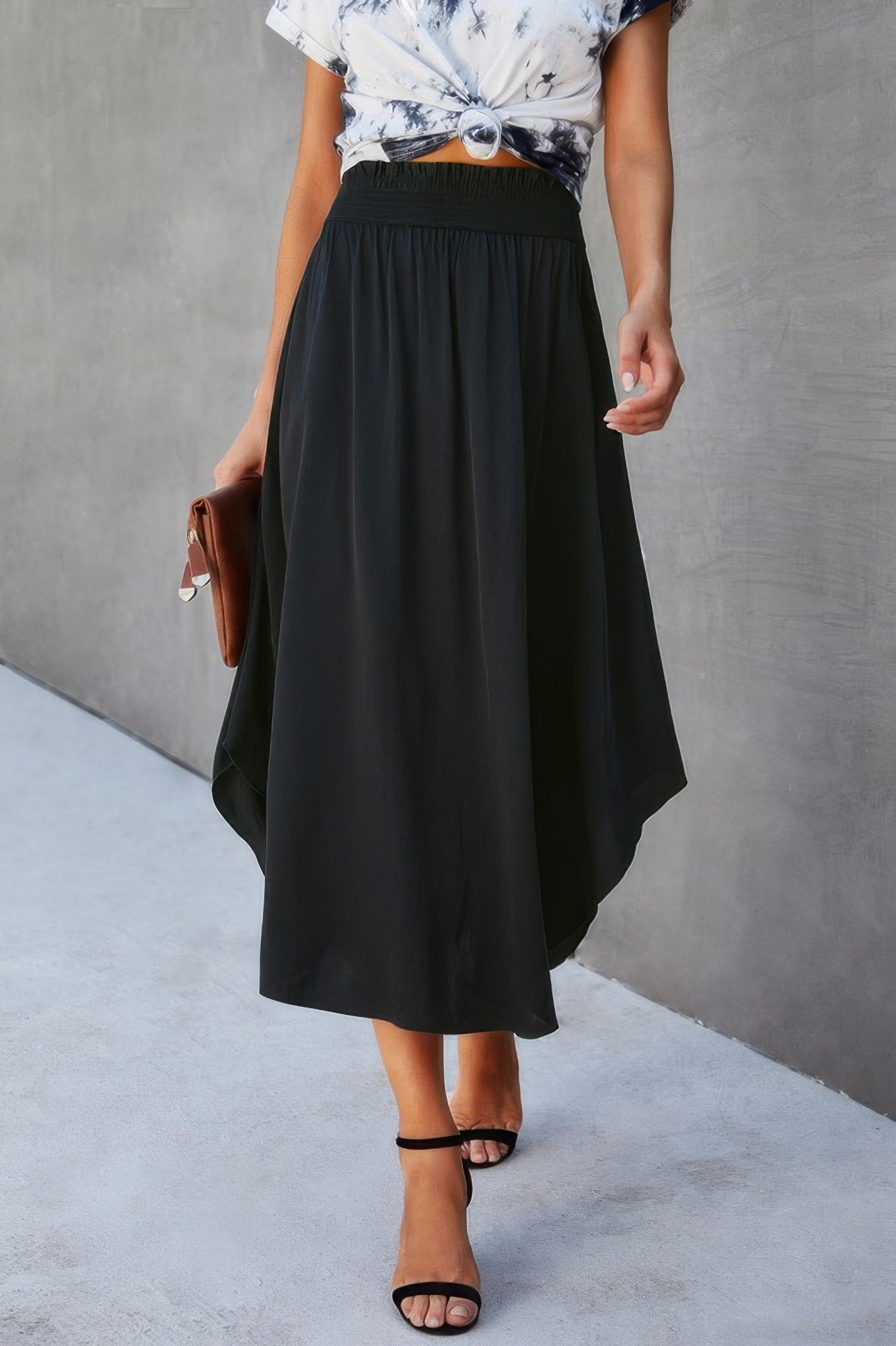 Shirred Waist Asymmetrical Hem Flared Skirt