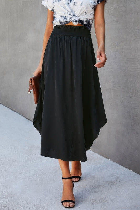 Shirred Waist Asymmetrical Hem Flared Skirt