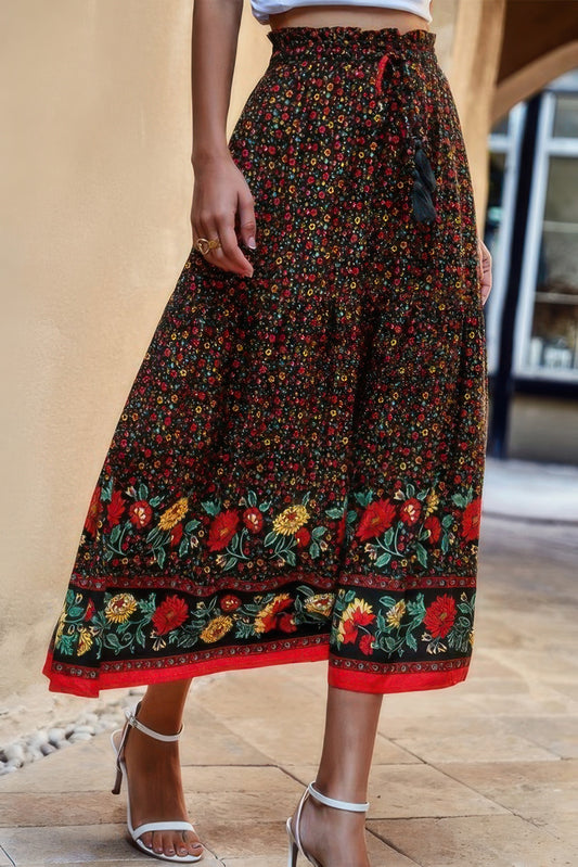 High Waist Drawstring Ruffled Floral Maxi Skirt